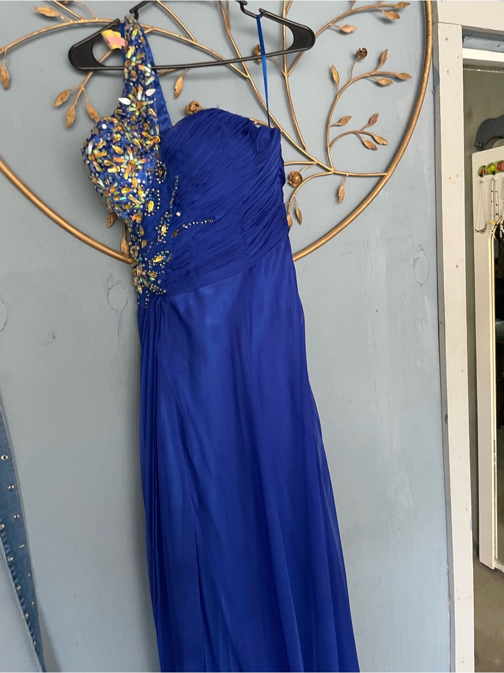 Cinderella Royal Blue One-Shoulder Evening Dress with Beaded Bodice size 14